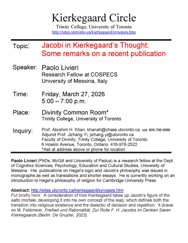 Trinity College, Kierkegaard Circle, March 17